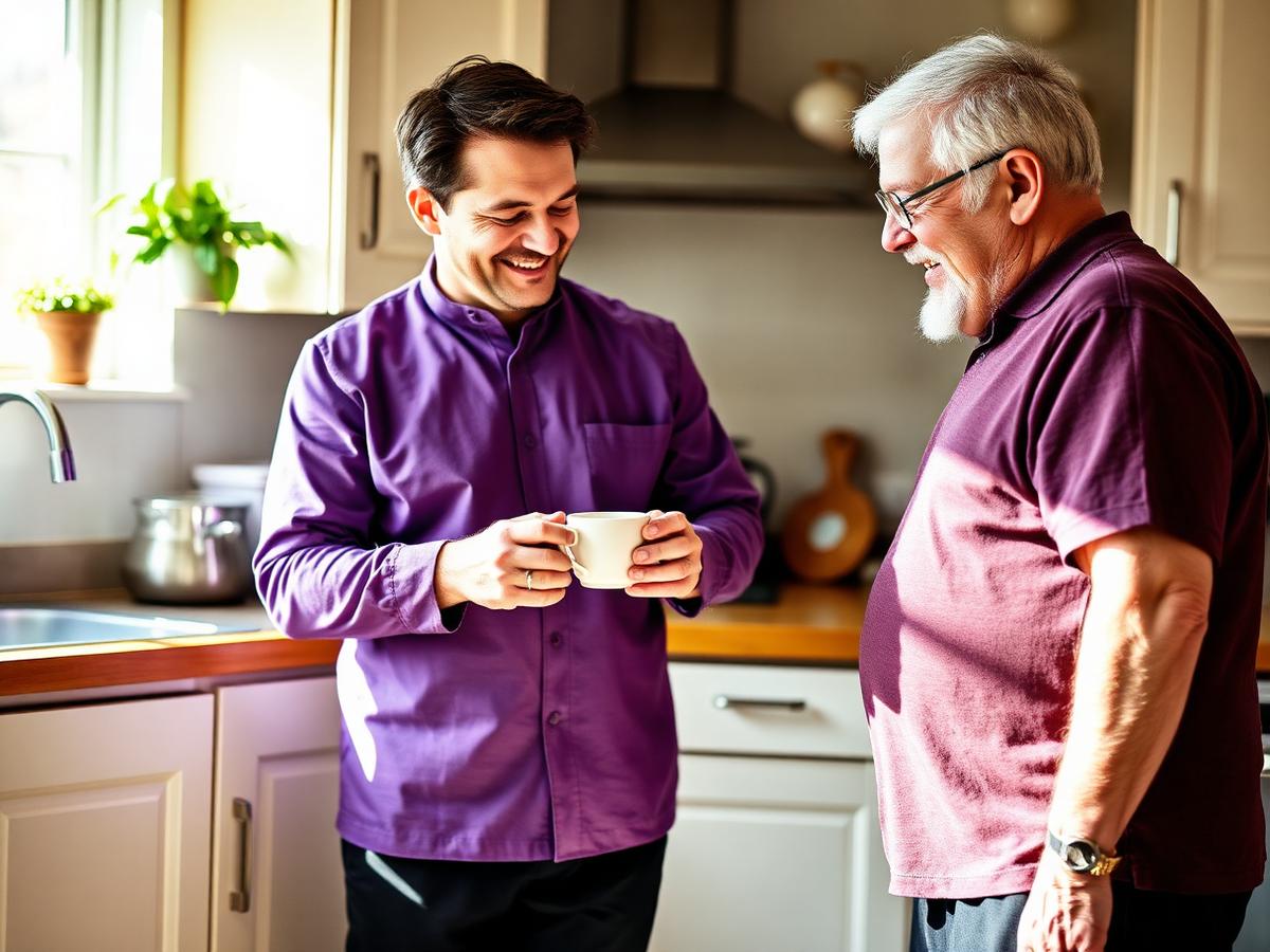 Carer enjoying a cup of tea with an elderly gentleman at home