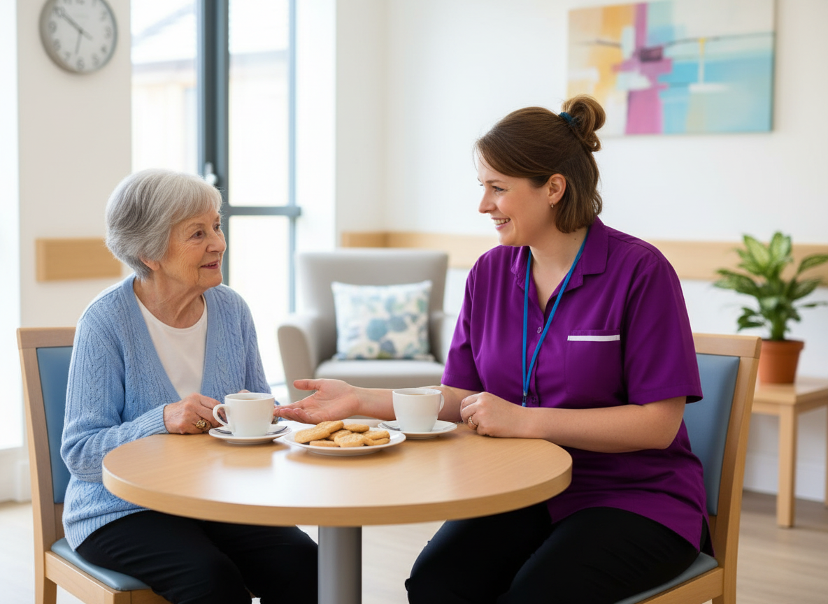 Absolute Care carer walking arm-in-arm with an elderly client in a sunny garden