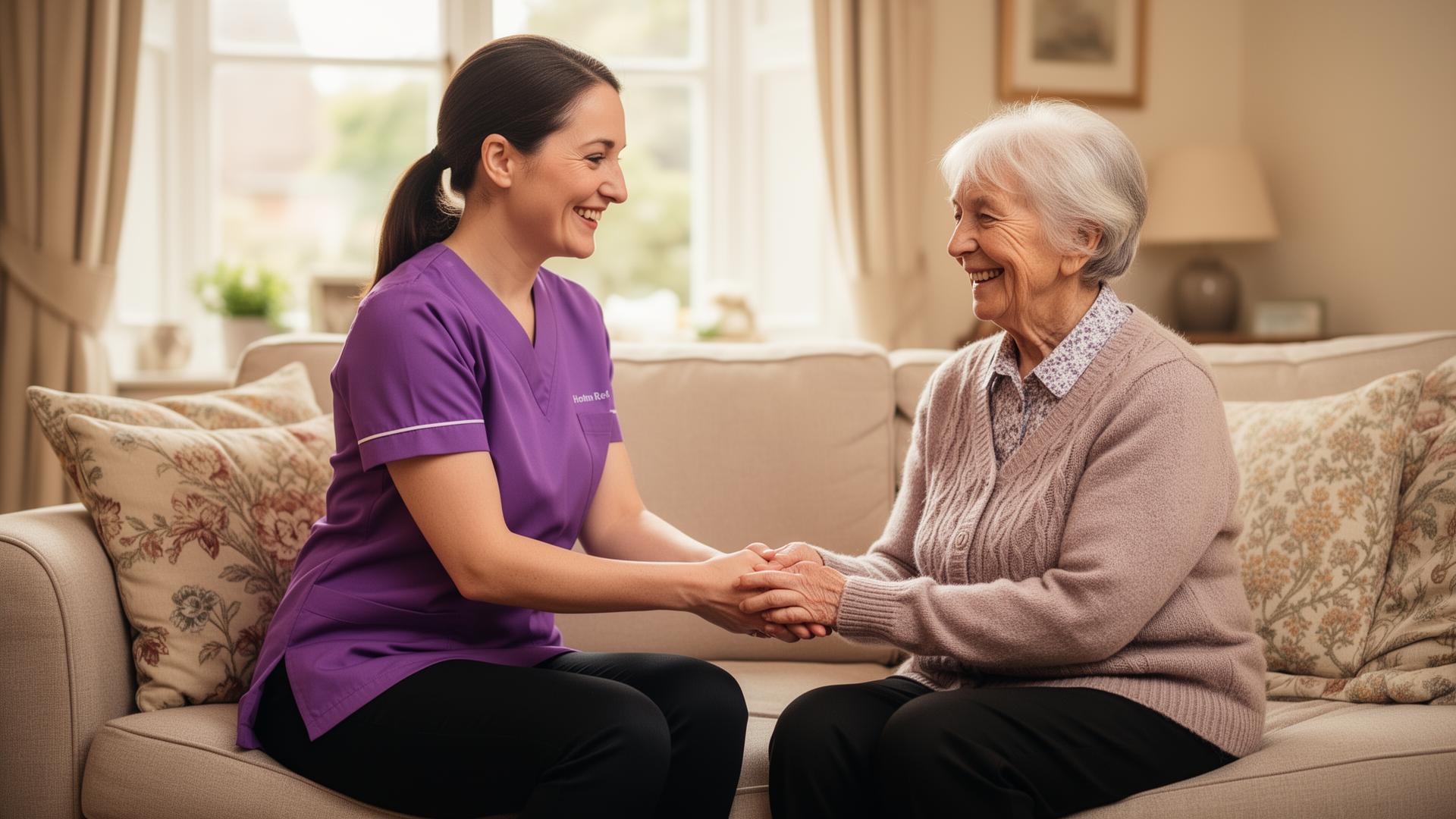Absolute Care carer in a purple tunic holding hands with an elderly woman in a sunlit Bournemouth living room